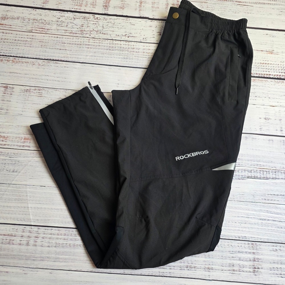 Rockbros Mens Cycling Pants Black XL Reflective Zippered Pockets Tapered Leg